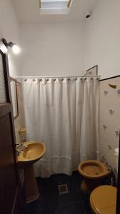 uma casa de banho com um WC e uma cortina de chuveiro em Cafayate Central House em Cafayate