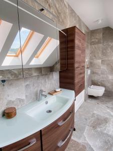 a bathroom with a sink and a skylight at Vila Maister in Celje
