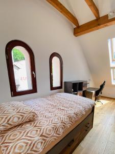 a bedroom with a bed with two windows and a desk at Vila Maister in Celje