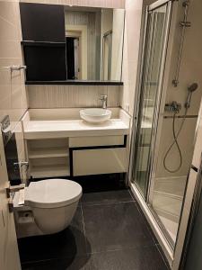 een badkamer met een toilet, een wastafel en een douche bij شقه فندقيه فاخره in Güngören