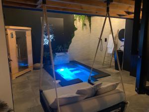 a swing bed with a swimming pool in a house at Pasithéa Loft Spa Privatif in Calais