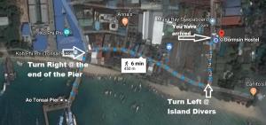 a map of the turn right o the end of the pier at Dormsin Chill in Phi Phi Islands