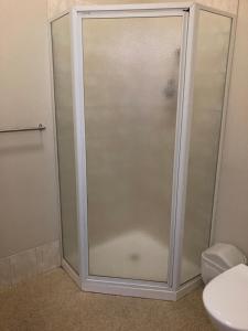 a shower with a glass door in a bathroom at Inspirations Mullewa in Mullewa
