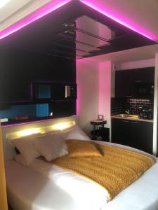 um quarto com uma cama com luzes roxas em LovRoz em Perros-Guirec