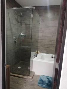 a bathroom with a shower and a tub and a toilet at Zirahuen, cabaña moderna junto al lago in Zirahuén