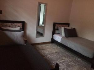 1 Schlafzimmer mit 2 Betten und einem Spiegel in der Unterkunft Zirahuen, cabaña moderna junto al lago in Zirahuén