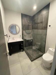 カボ・サン・ルーカスにあるMaralta Condominio con Vista al Marのバスルーム(シャワー、トイレ、シンク付)