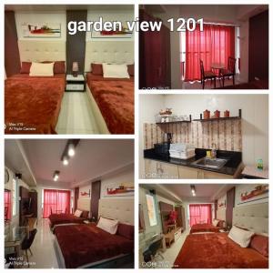 een collage van vier foto's van een kamer met bedden bij Rm Staycation City View SMDC in Kaybagal