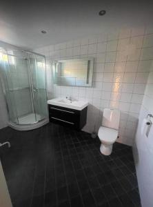 a bathroom with a toilet and a shower and a sink at Nautnes Seaside Villa in Nautnes