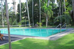 a swimming pool with palm trees in a yard at Hotel Riverrina in Negombo