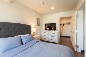 サンアントニオにあるCozy Apartment by La Cantera & Rimのベッドルーム(大型ベッド1台、テレビ付)