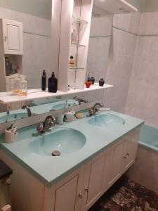 uma casa de banho com um lavatório azul e um espelho. em Nice Fabron 90 m2 avec Garage em Nice