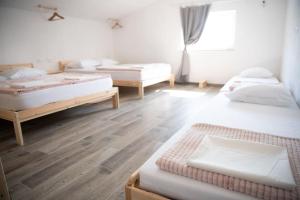 a room with three beds and a wooden floor at Duplex Apartma Nikolina in Spodnje Jarše