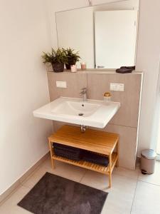 a bathroom with a sink and a mirror at Gemütliches Wohnen in Worms +15 photos
