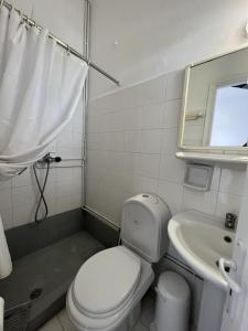 a bathroom with a toilet and a sink and a mirror at Hotel Anezina in Drios