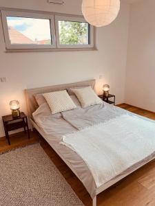1 dormitorio con 1 cama grande y 2 ventanas en Gemütliches Wohnen en Worms