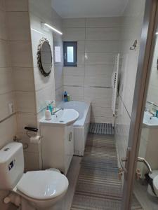 La salle de bains est pourvue de toilettes, d'une baignoire et d'un lavabo. dans l'établissement Natura Slanic Moldova, à Slănic-Moldova