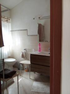 a bathroom with a sink and a toilet and a mirror at Etna Hiking House in Nicolosi