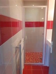 a bathroom with a shower with red and white stripes at La cabane au fond du jardin in Montrodat