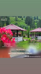 a flyer for a resort with two gazebos and flowers at Pensiune Domeniul Stanca in Vatra Dornei