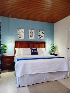 1 dormitorio con 1 cama grande y paredes azules en Dexamano Hotel & Resort en Lejamaní