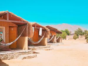 a row of huts with hammocks in a village at Cinderella Camp Nuweiba in Nuweiba