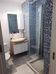 W łazience znajduje się toaleta i przeszklony prysznic. w obiekcie Mara Apartment w mieście Năvodari