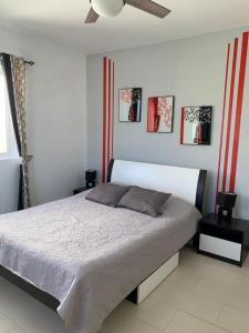 a bedroom with a bed and two pictures on the wall at La Marquise in Flic-en-Flac +10 photos