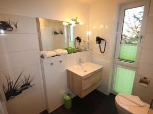 ein Badezimmer mit einem Waschbecken, einem WC und einem Spiegel in der Unterkunft Villa Amelie App Seestern in Sassnitz