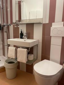 a bathroom with a white toilet and a sink at Hotel Adler Garni in Zernez