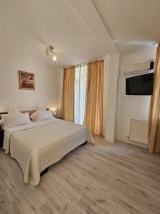 a bedroom with a large bed and a flat screen tv at Gabizz Apartments in Constanţa