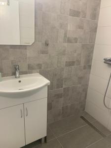 W łazience znajduje się biała umywalka i prysznic. w obiekcie Apartments Ljiljana w Barze