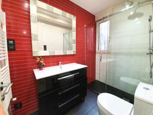 サラゴサにあるApartamentos Dos Torres Meriadocの赤レンガの壁、洗面台付きのバスルーム
