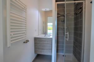 La salle de bains est pourvue d'un lavabo et d'une douche. dans l'établissement Le Bleu Du Lac 3 étoiles - Secteur recherché, Calme & familiale, à 300m du lac & de la vieille ville, Garage privé, à Annecy