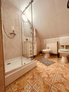 La salle de bains est pourvue d'une douche et de toilettes. dans l'établissement Greenery home, à Miercurea-Ciuc