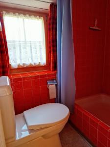 La salle de bains rouge est pourvue d'une douche et de toilettes. dans l'établissement 2 Zimmer Ferienwohnung Davos-Glaris, à Glaris