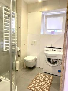 a bathroom with a toilet and a sink and a shower at WHY NOT Apartament w centrum, ul. Gimnazjalna 12/1 in Zakopane
