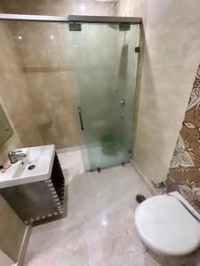 a bathroom with a shower and a toilet and a sink at Hotel Vista Inn, Karol Bagh, New Delhi in New Delhi