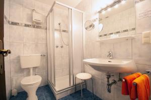 a bathroom with a sink and a toilet and a shower at Almliesl GOLD-706 in Goldegg