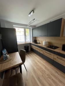 a kitchen with a table and a stove top oven at Apartament Centrum II in Lidzbark Warmiński
