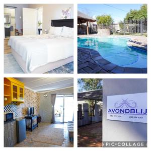 a collage of photos with a bed and a pool at AVONDBLIJ Apartment in Oudtshoorn