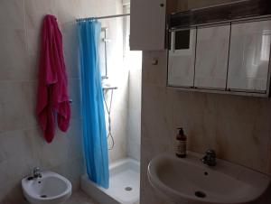 a bathroom with a blue shower curtain and a sink at Casa rural La Barriada de Lago de Carucedo in Lago de Carucedo