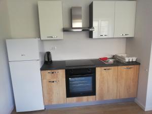 a kitchen with a white refrigerator and a sink at Maestro I. in Laško