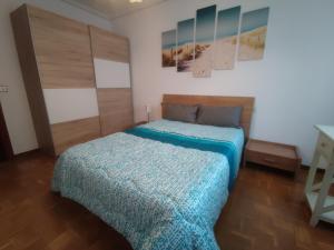 a bedroom with a bed with a blue comforter at apartamento centro in Vitoria-Gasteiz