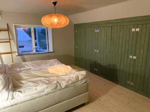 希維克的住宿－Large house with sea view，一间卧室设有一张床、绿色橱柜和窗户。