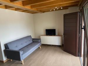 sala de estar con sofá azul y TV en Apartamentos rurales La Teyeruca I, 