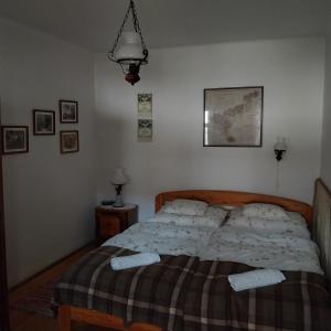 1 dormitorio con 1 cama con 2 almohadas en Karádi Vendégház, en Háromhuta