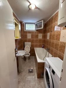a bathroom with a sink and a toilet and a tub at Apartments Jankovic in Podgorica