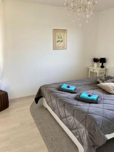 a bedroom with a bed with blue pillows on it at LillasLavender Kurzeme in Ošenieki