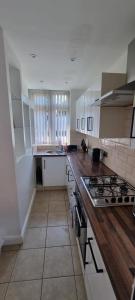 uma cozinha com um lavatório e um fogão forno superior em Thorpe House Suites em Heeley